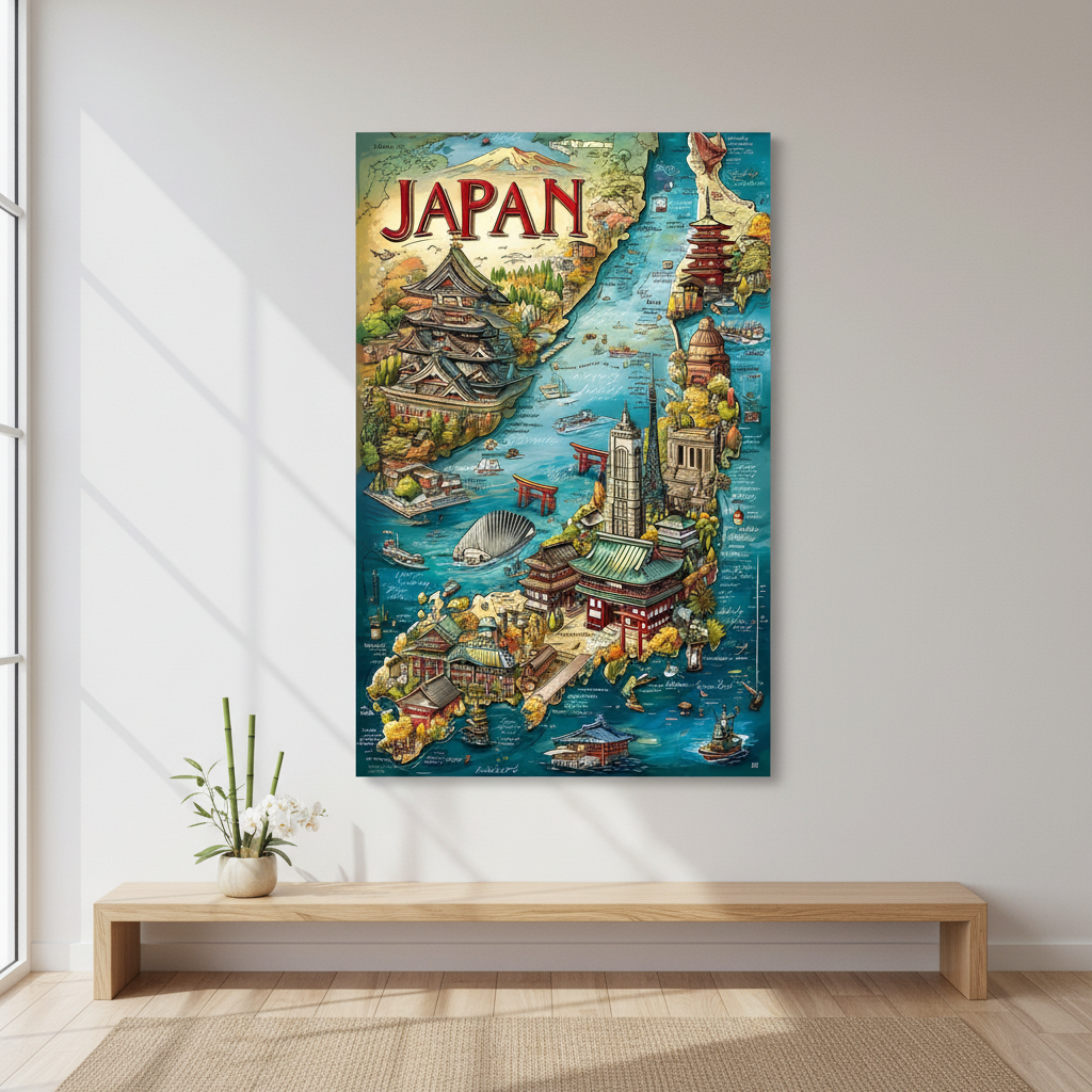 Japan vintage travel poster featuring iconic landmarks and traditional architecture on canvas with MDF frame