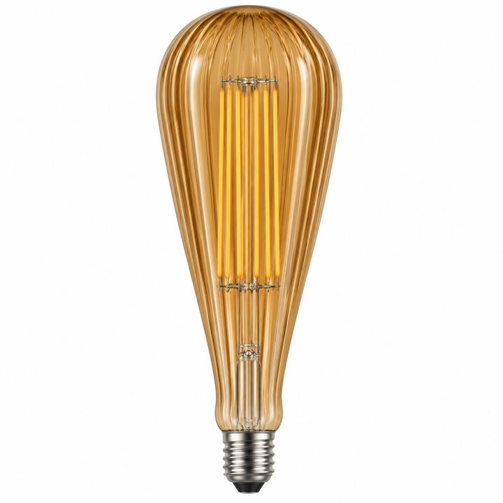 Elongated bulb with ribbed amber glass, visible vertical filaments, and a metal screw base