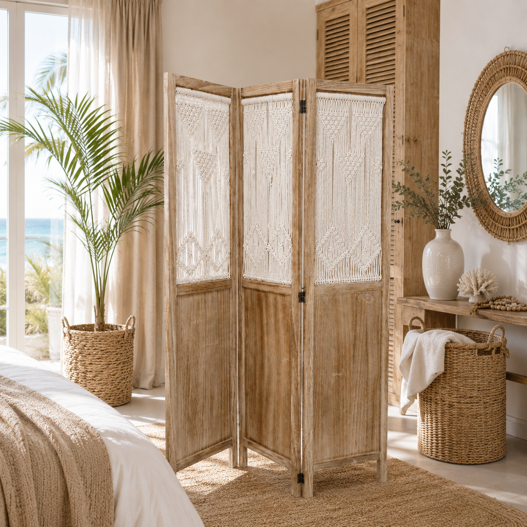 Boho Wooden & Macramé Folding Room Divider