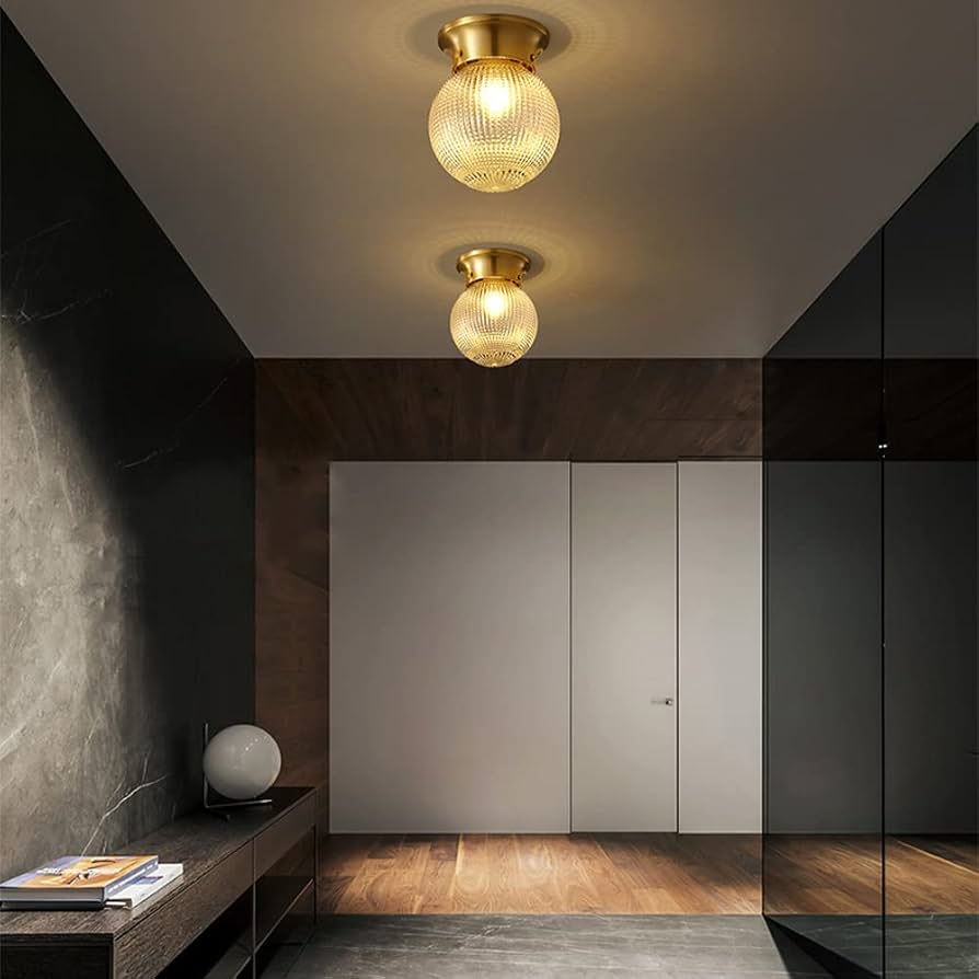 Vintage Brass Flush-Mount Ceiling Light with Textured Glass Globe