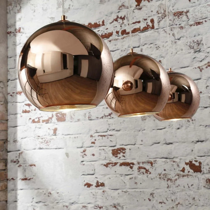 Contemporary Copper Globe Pendant Light Trio