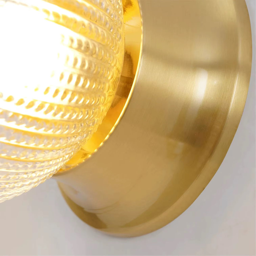 Vintage Brass Flush-Mount Ceiling Light with Textured Glass Globe