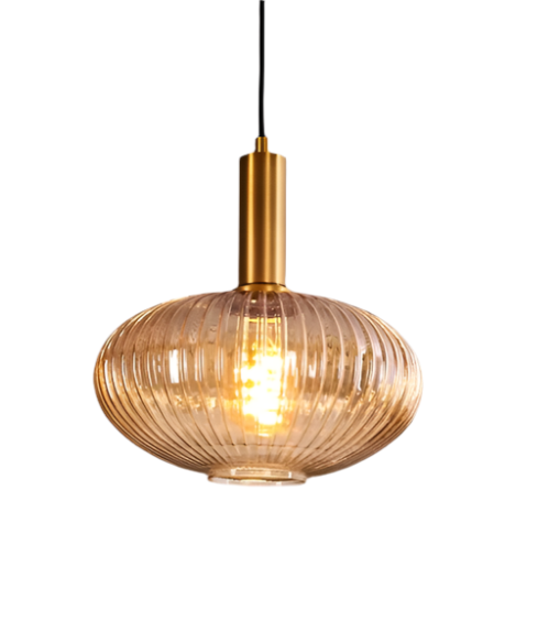 Elegant Amber Ribbed Glass Pendant Light with Brass Accents