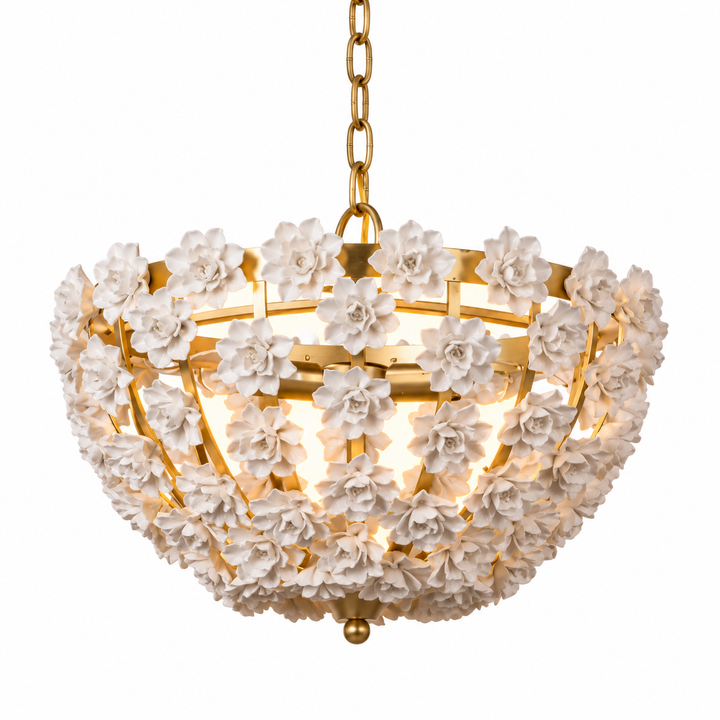 White floral bowl chandelier with sculptural flowers and gold frame