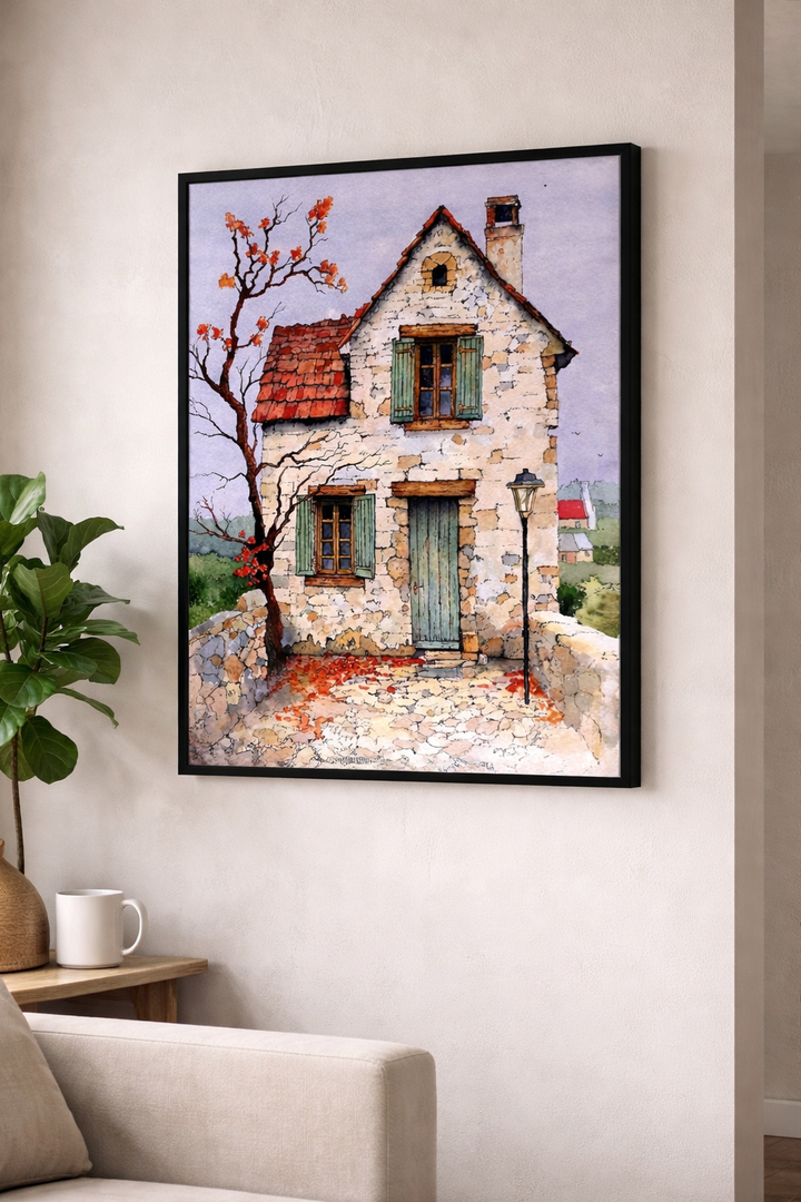 Charming Stone Cottage Art Framed