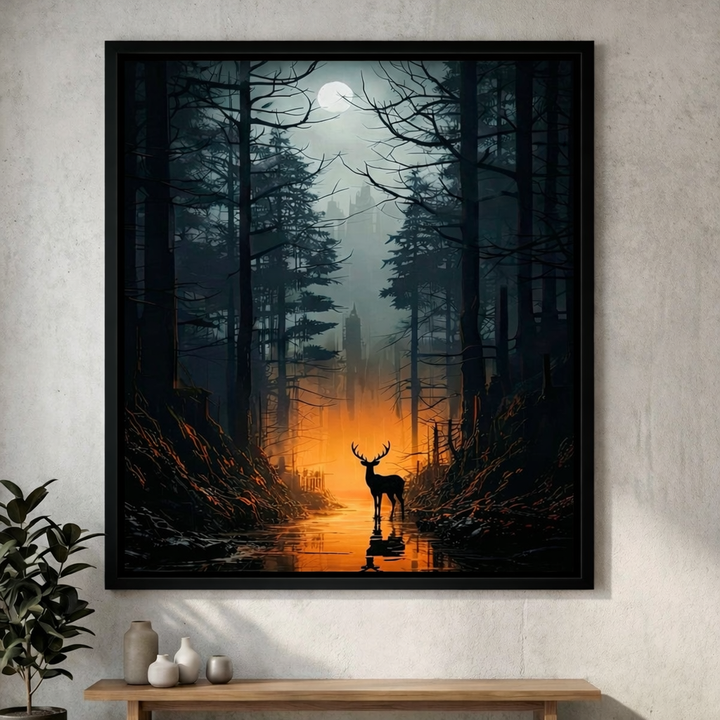 Moonlit Forest Deer Framed