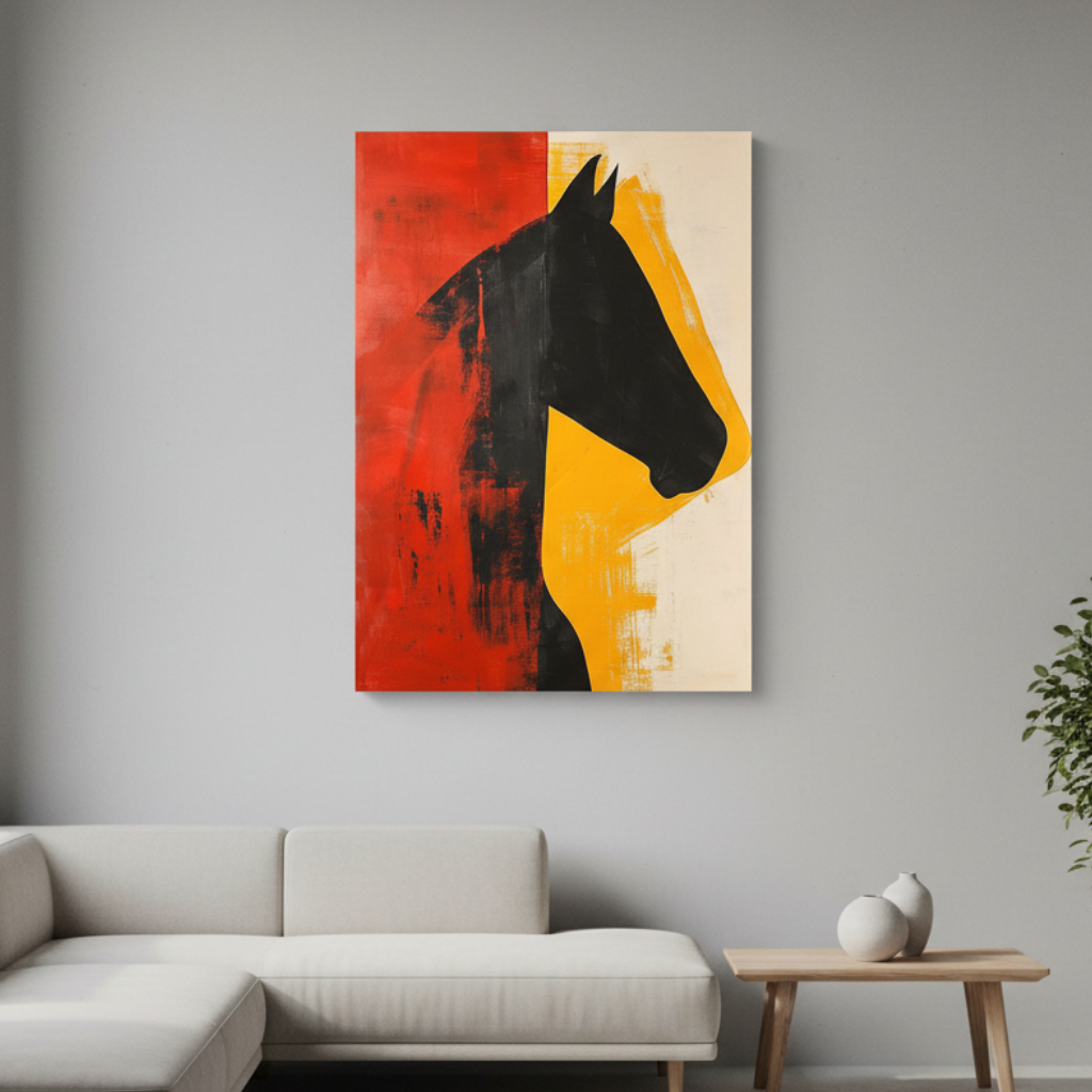 Abstract horse silhouette on modern canvas with red and yellow blocks, minimalist wall art
