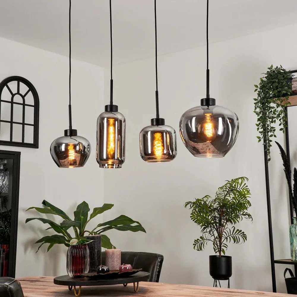 Modern Smoke Glass Pendant LightModern Smoke Glass Pendant Light Cluster with Mixed ShapesThis modern pendant light cluster features a unique arrangement of smoke glass shades in various shapes, each with an exposed filament bulb for a warm, ambient glow.Pendant LightingWadi Home