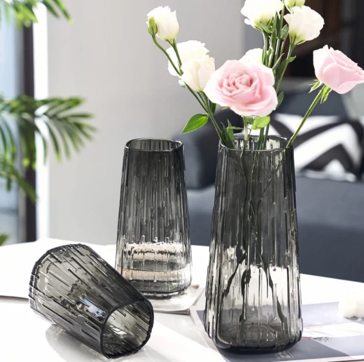 Tall Textured Smoky Glass Vase set of 3