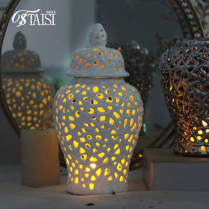 White Cutwork Ceramic Jars set of 2