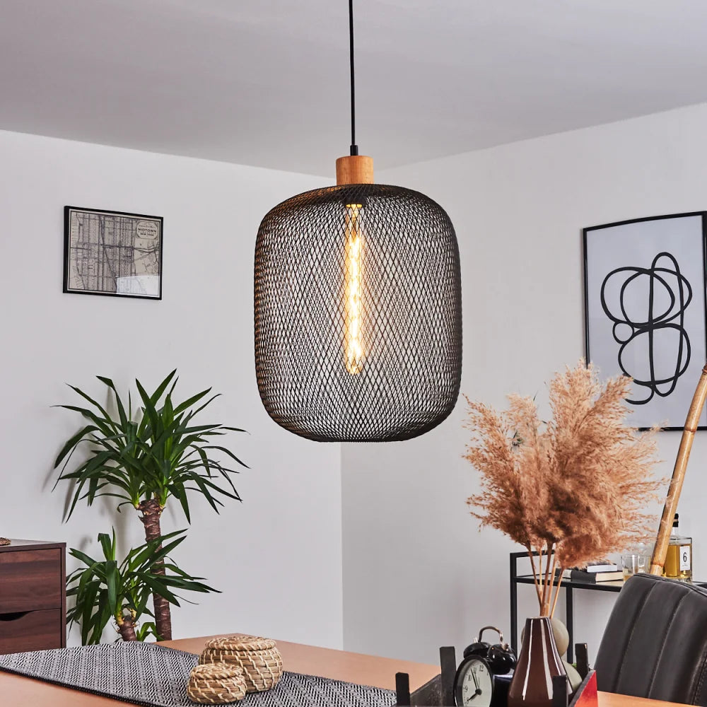 Industrial Mesh Pendant Light with Wooden Accent