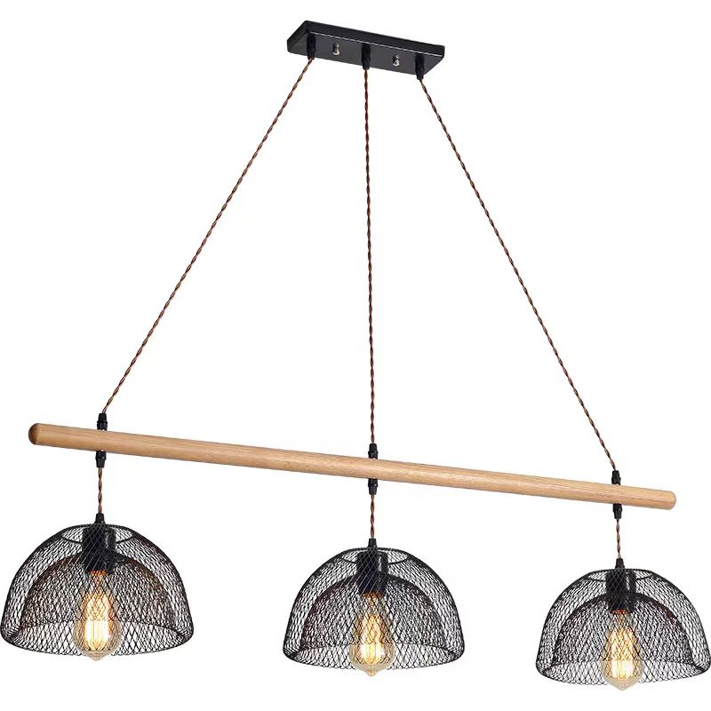 Wood & Black Mesh linear pendant light with wooden bar and black metal mesh shades for rustic-industrial decor