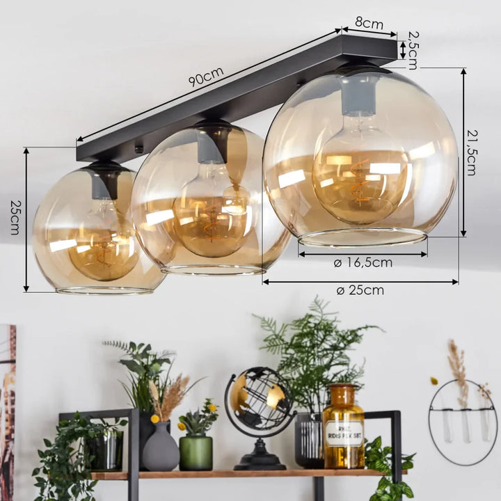 Modern Amber Glass Globe Ceiling Light - Triple Bar Design