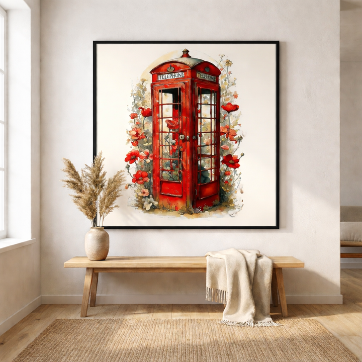 Red Telephone Booth Floral Framed Art