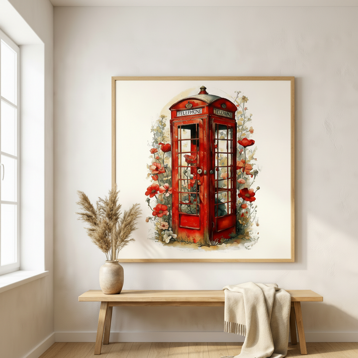 Red Telephone Booth Floral Canvas Art