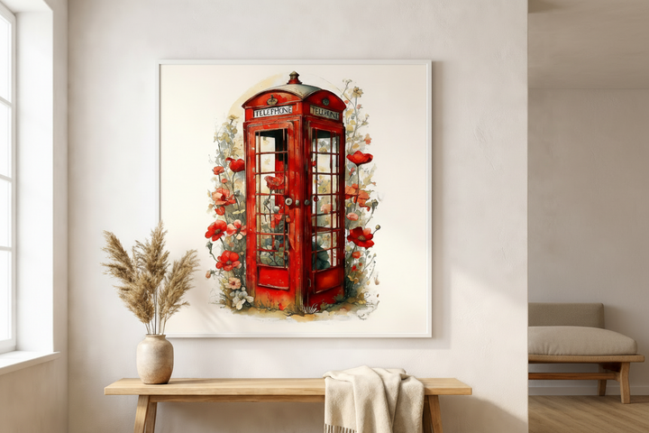 Red Telephone Booth Floral Canvas Art