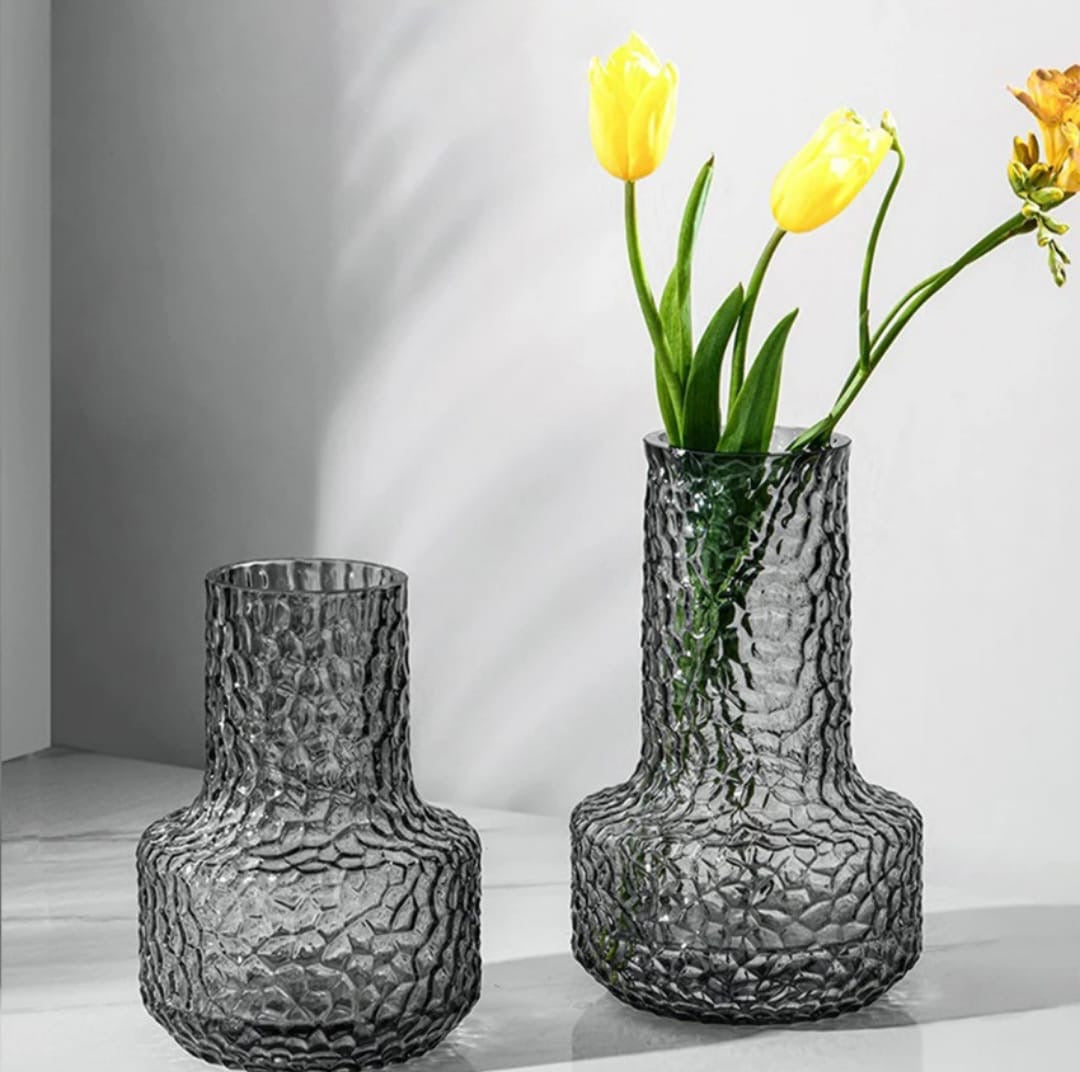 Textured Grey Glass Vase Set