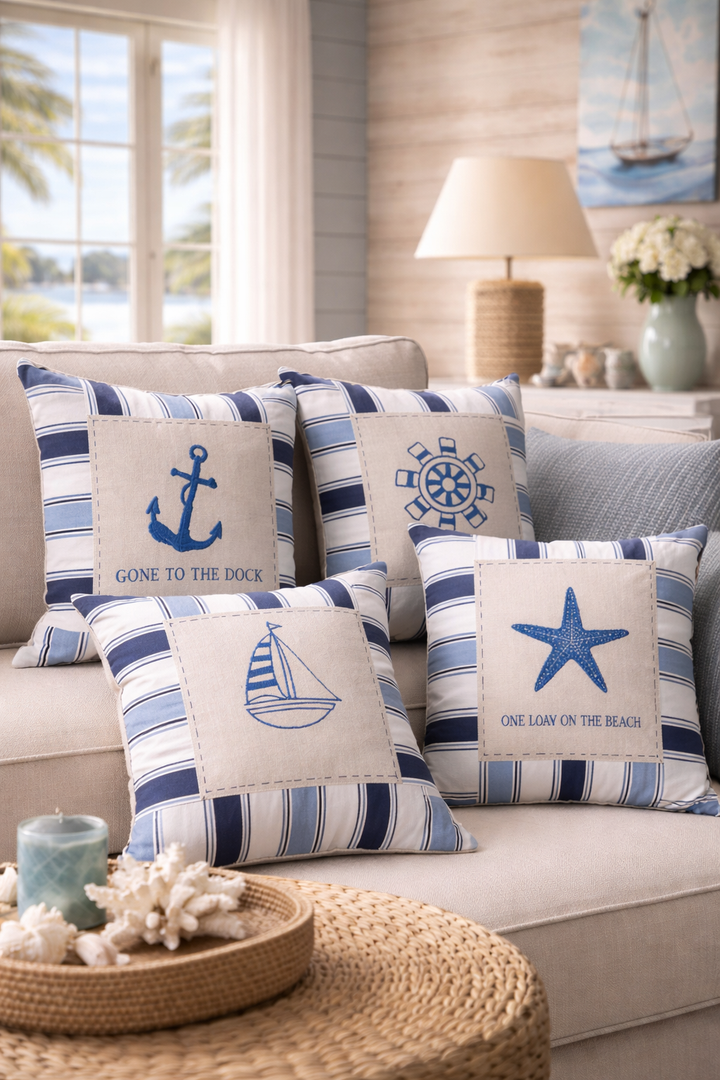 Striped nautical cushion set with anchor, wheel, and starfish designs