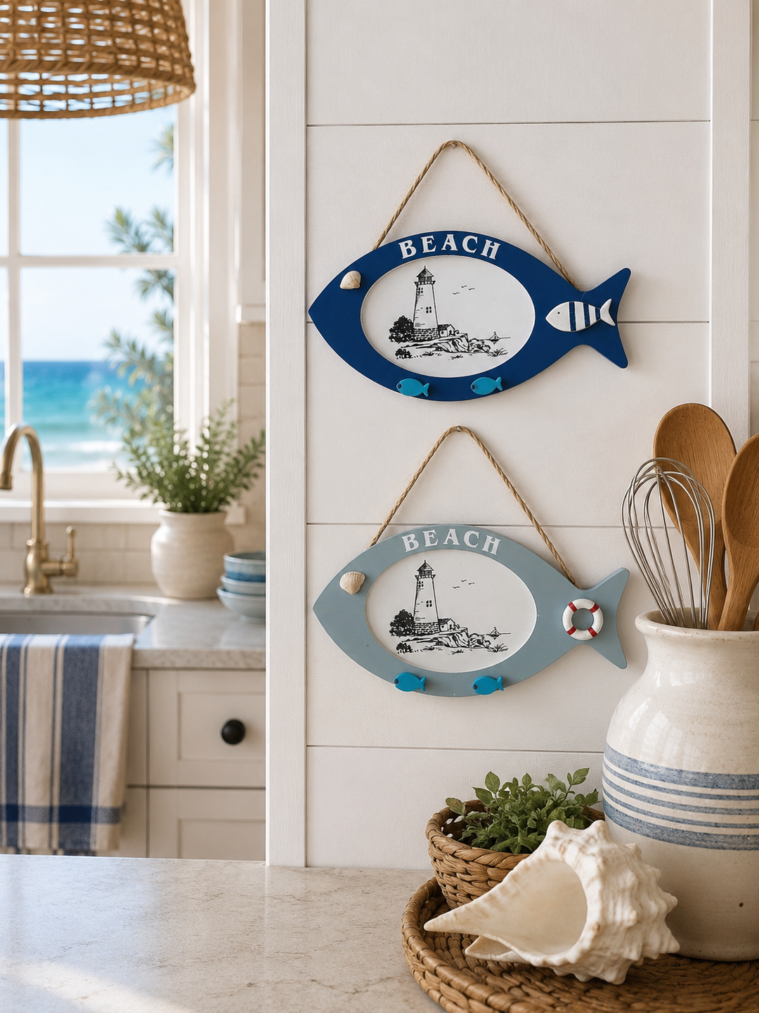Coastal Fish Wall Plaque Set of 2 with Lighthouse Design