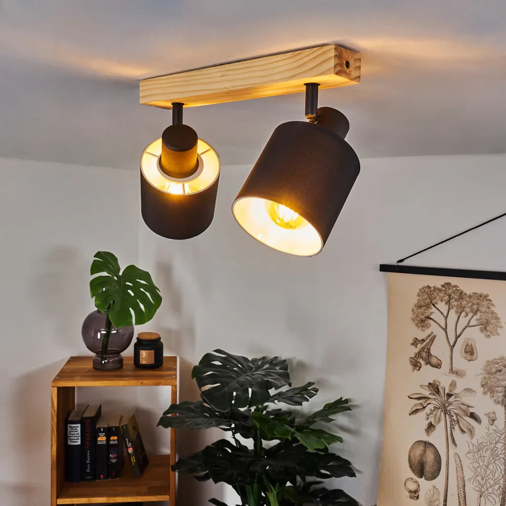 Modern Wooden Base Ceiling Spotlight with Three Adjustable Black Shades