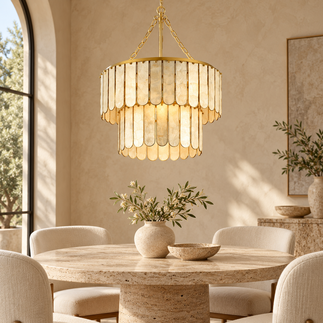 White Shell Panel Gold Drum Chandelier