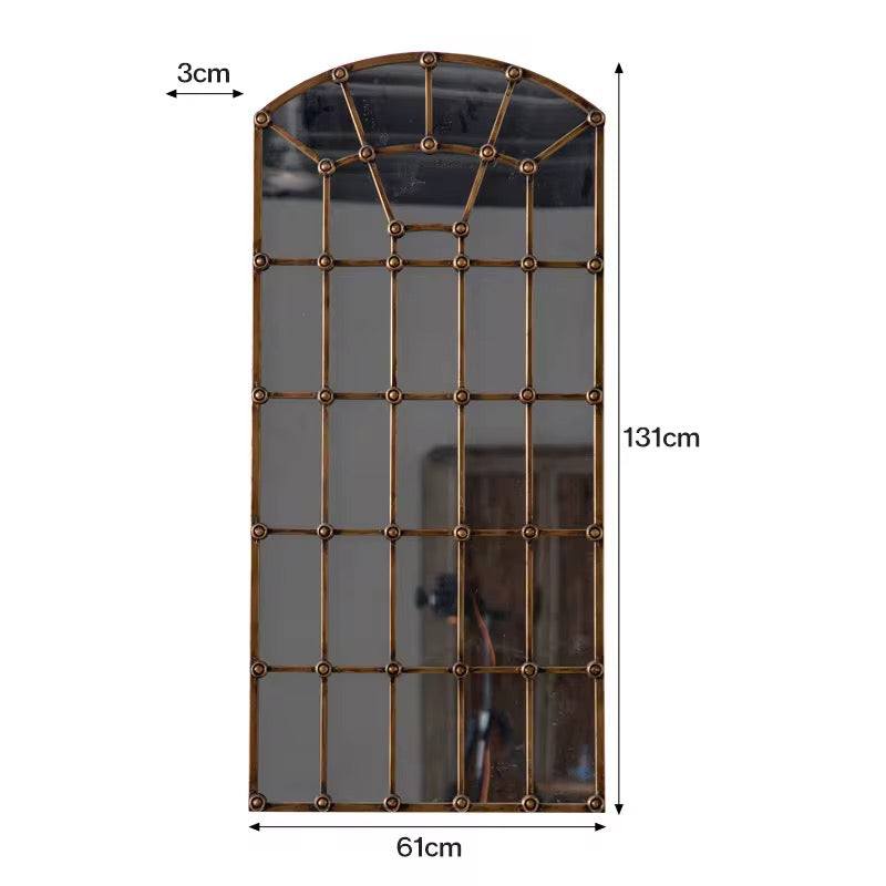 Arched Industrial Grid Mirror with Brass Accents