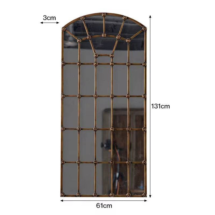 Arched Industrial Grid Mirror with Brass Accents