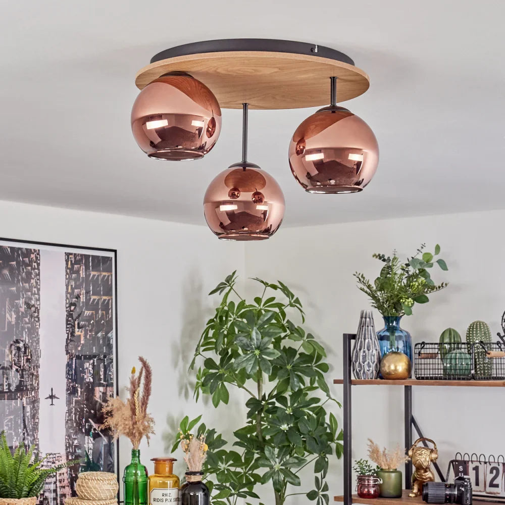 Modern Copper Globe Ceiling Light Trio