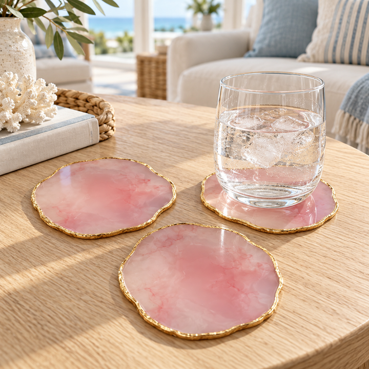 Pink & white Stone-Look Coasters with Gold-Tone Edges – Set of 3
