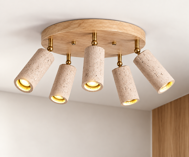 Modern Ceiling Spotlight with Wooden Base and Adjustable Cylindrical Shades