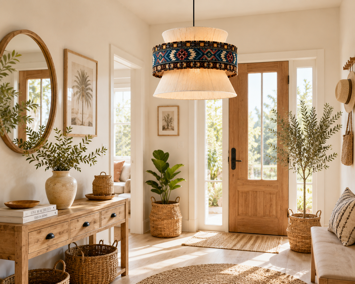 Bohemian Blue Pattern Fabric Drum Pendant Light