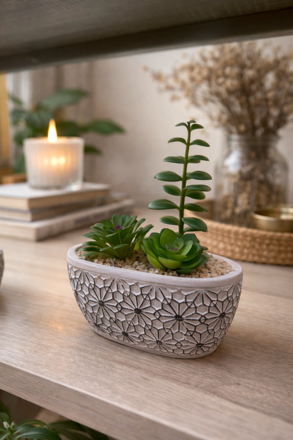Faux Succulent in Patterned Oval Pot in 3 models