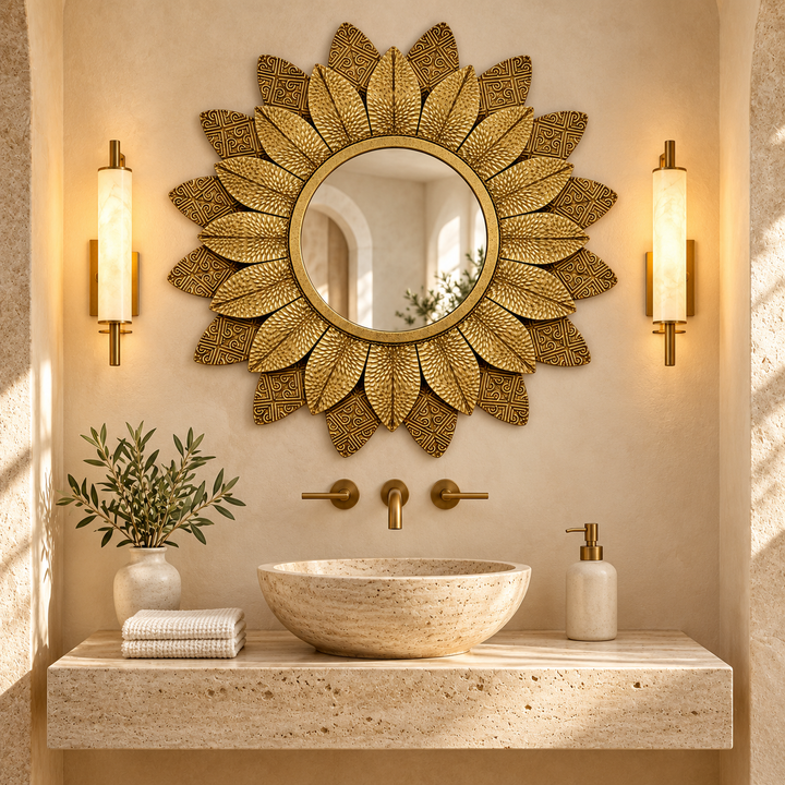 Gold Sunburst Metal Wall Mirror with Textured Leaf Frame