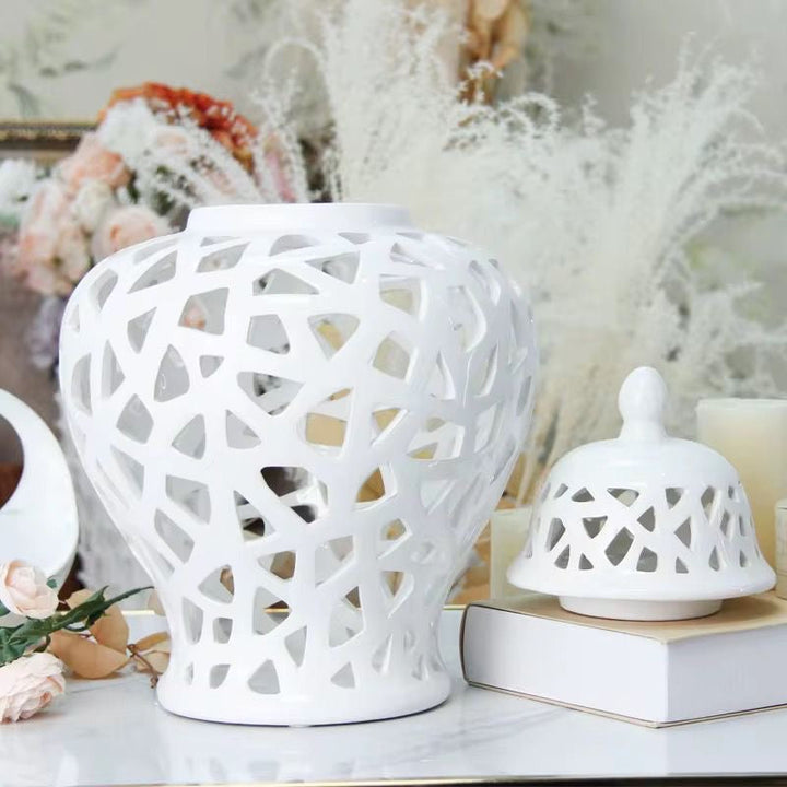 White Cutwork Ceramic Jars set of 2
