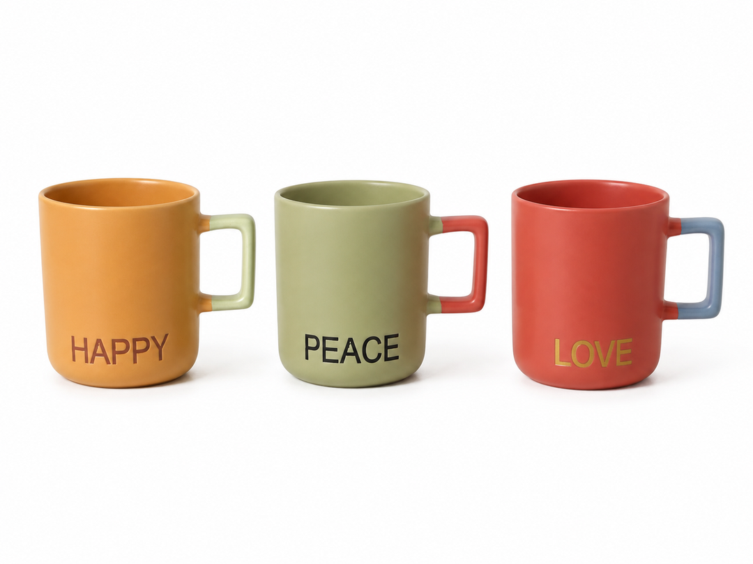 "Happy, Peace, Love" Inspirational Ceramic Mug Set of 3