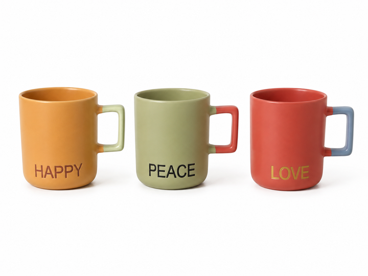 "Happy, Peace, Love" Inspirational Ceramic Mug Set of 3