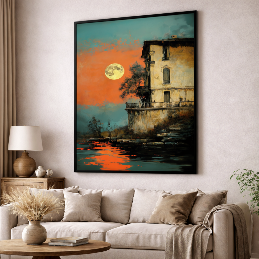 Moonlit Waterfront House Canvas
