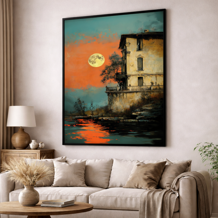 Moonlit Waterfront House Canvas