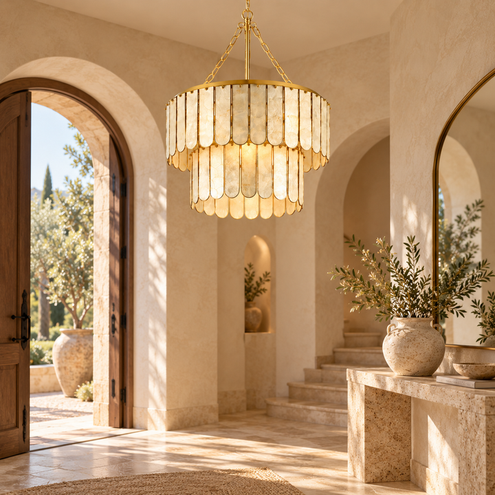 White Shell Panel Gold Drum Chandelier