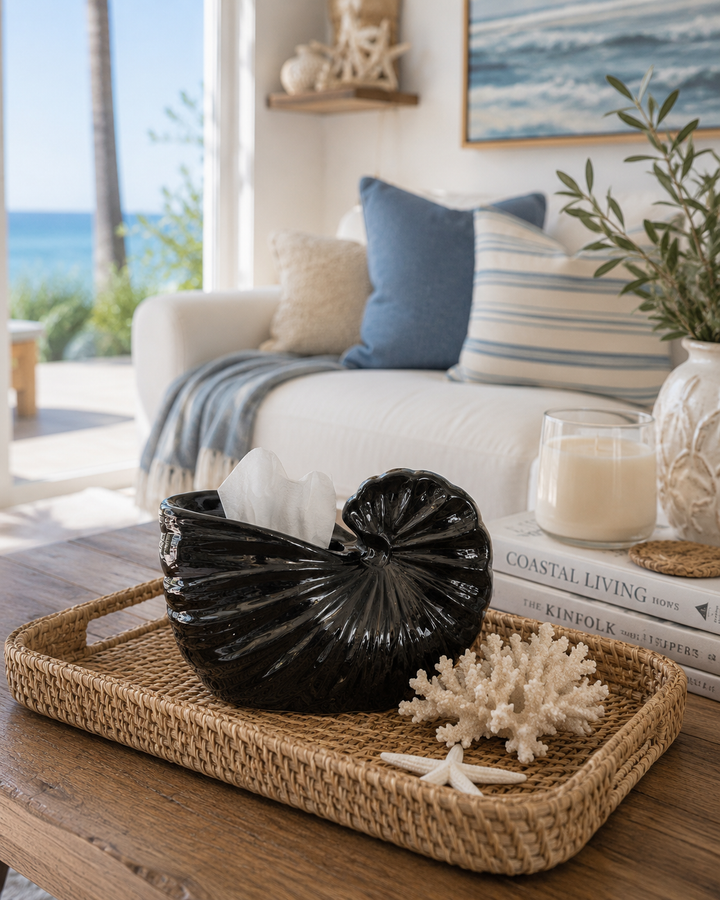 Shell Tissue Box Cover with Woven Tray