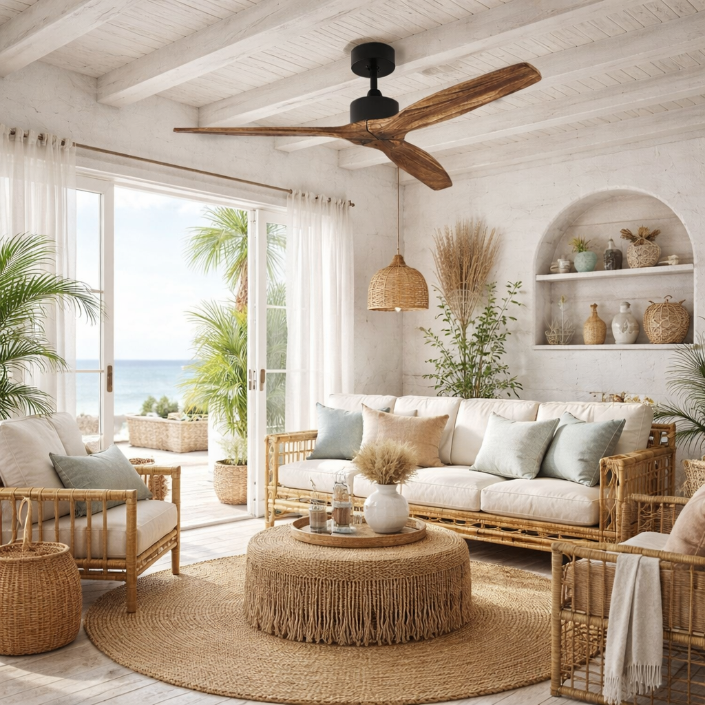 Modern Ceiling Fan with Solid Wood Blades, 52-inch