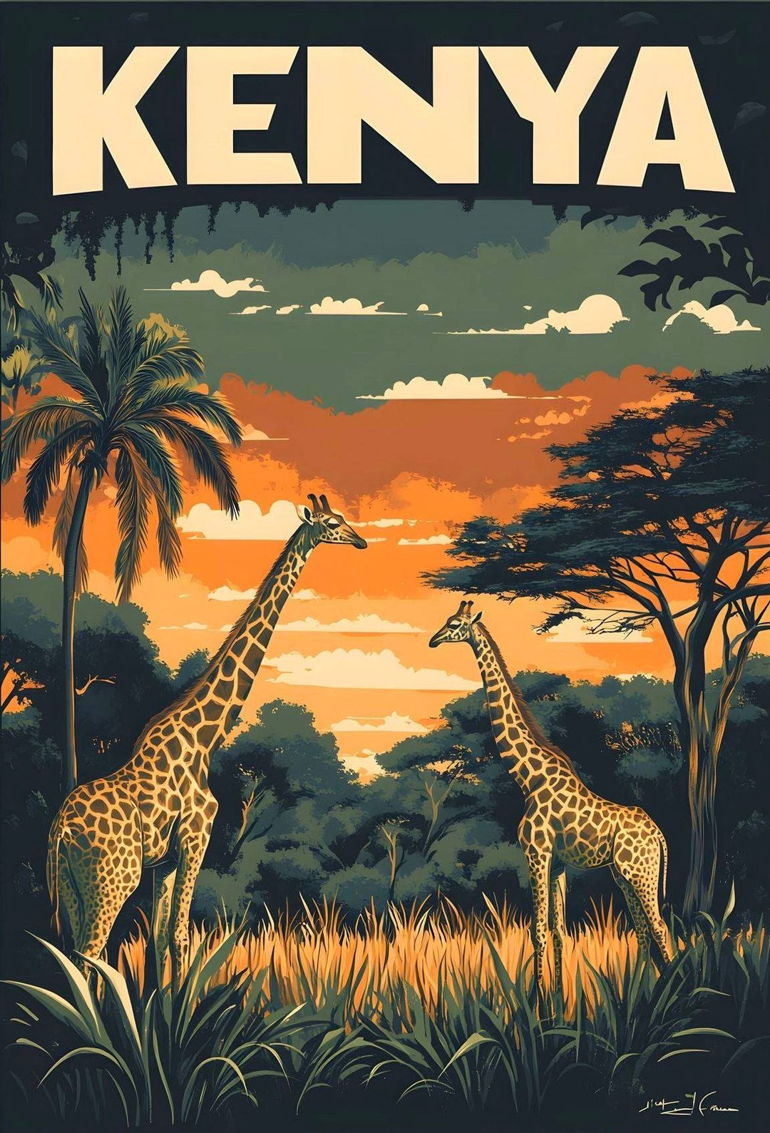 Kenya Safari vintage travel poster with giraffes and acacia trees at sunset on canvas