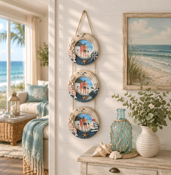 Hanging beach photo frame with shells and rope decoration