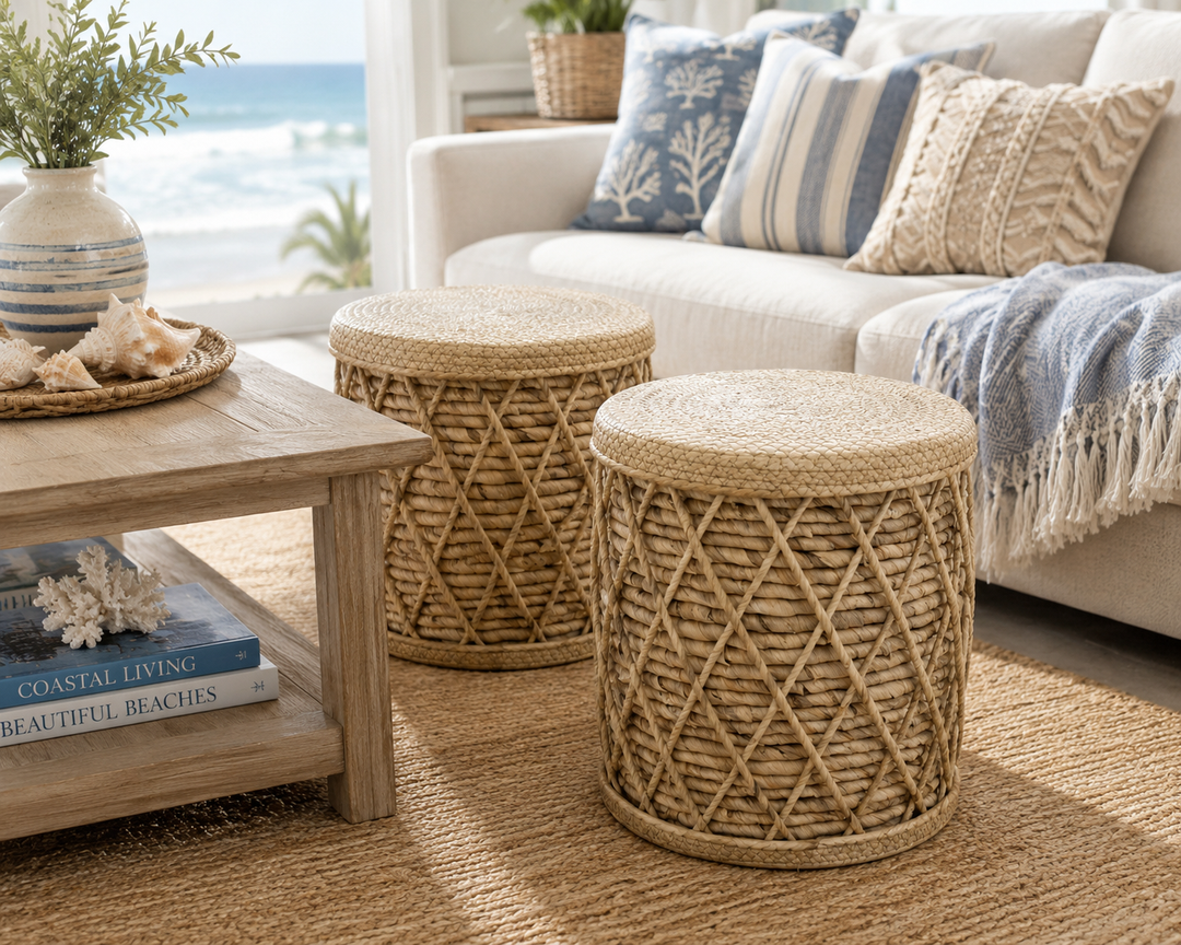 Coastal Woven Rattan Accent Stool set of 2