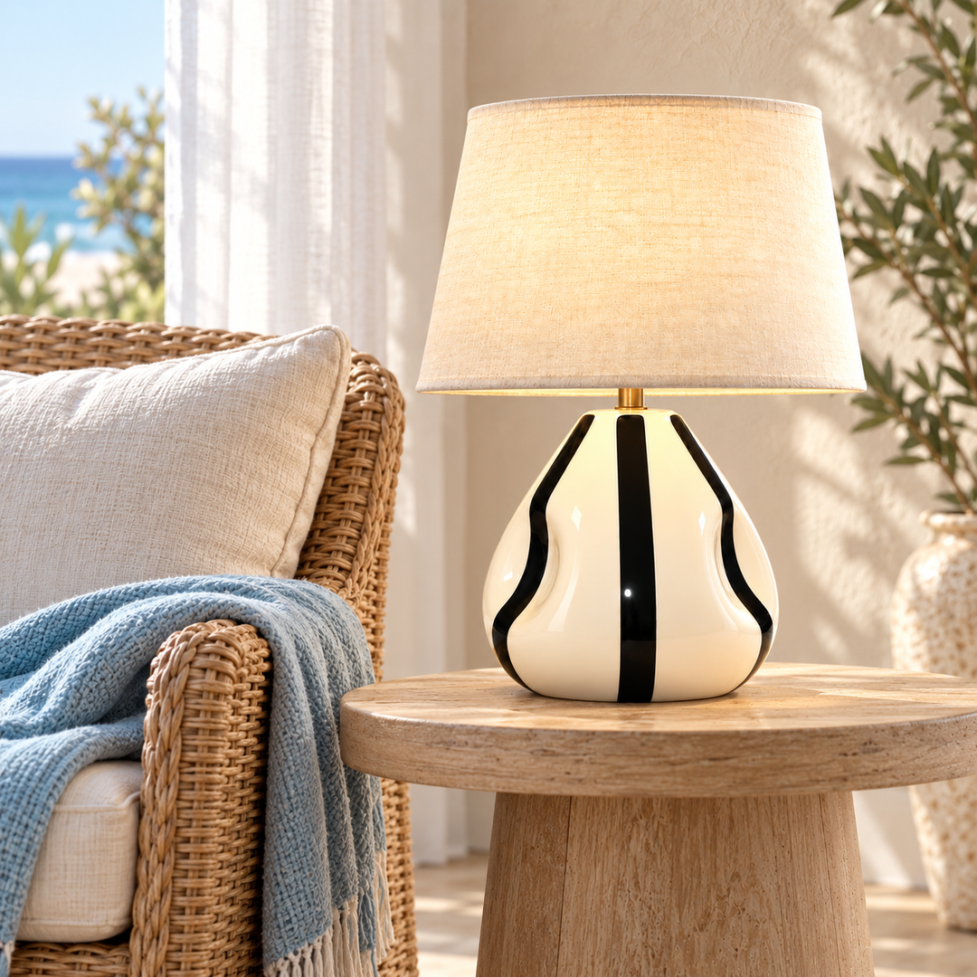 Cream and Black Striped Ceramic Table Lamp