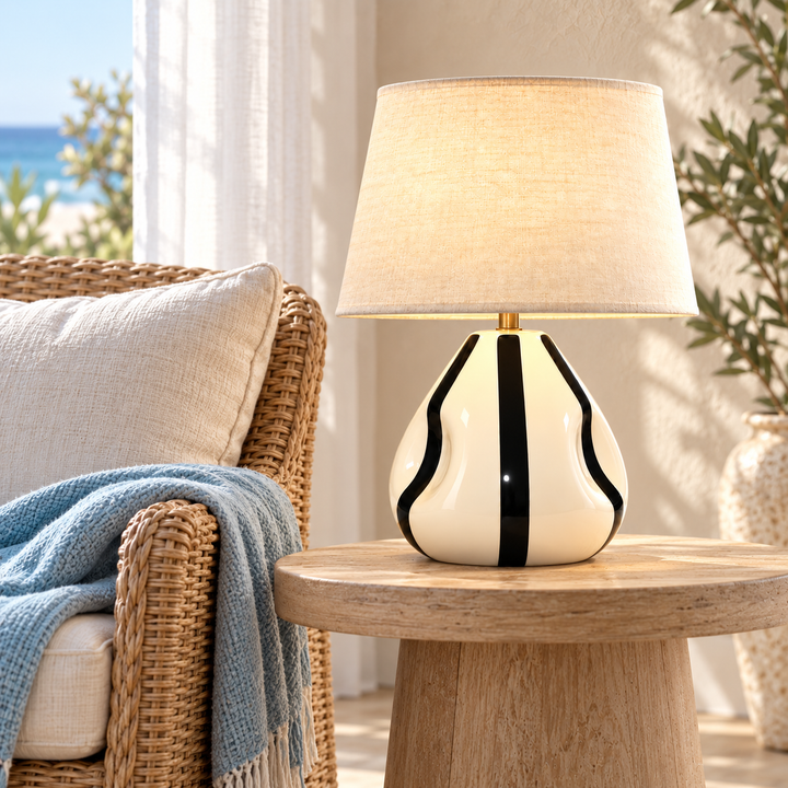 Cream and Black Striped Ceramic Table Lamp