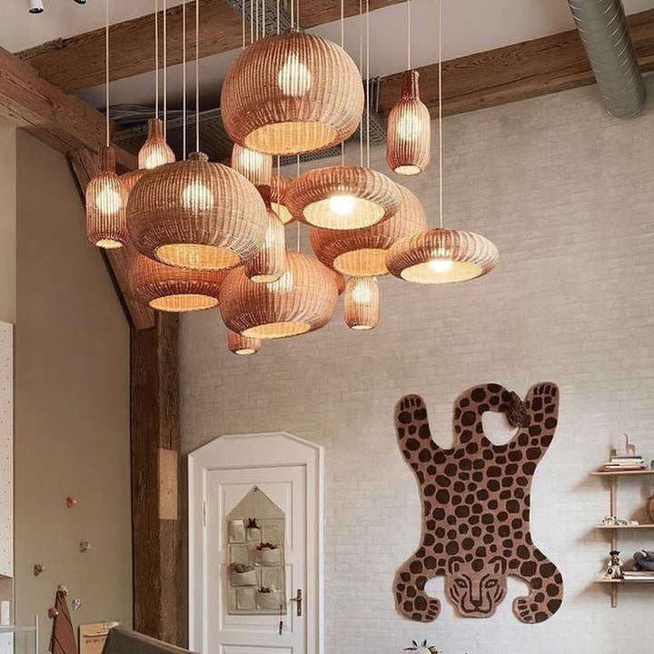 Woven Pendant Lights Set with Natural Rattan Design