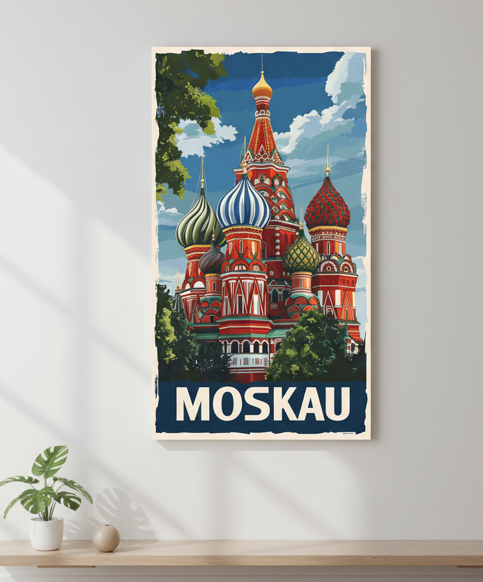 Vintage travel poster of Saint Basil Cathedral in Moscow with colorful onion domes on premium canvas