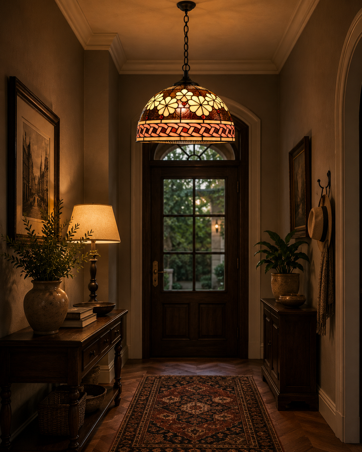 Vintage Floral Stained Glass Pendant Light