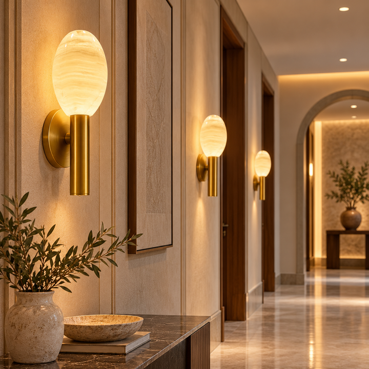 Luxury Oval Alabaster Wall Sconce in Brushed Antique Brass